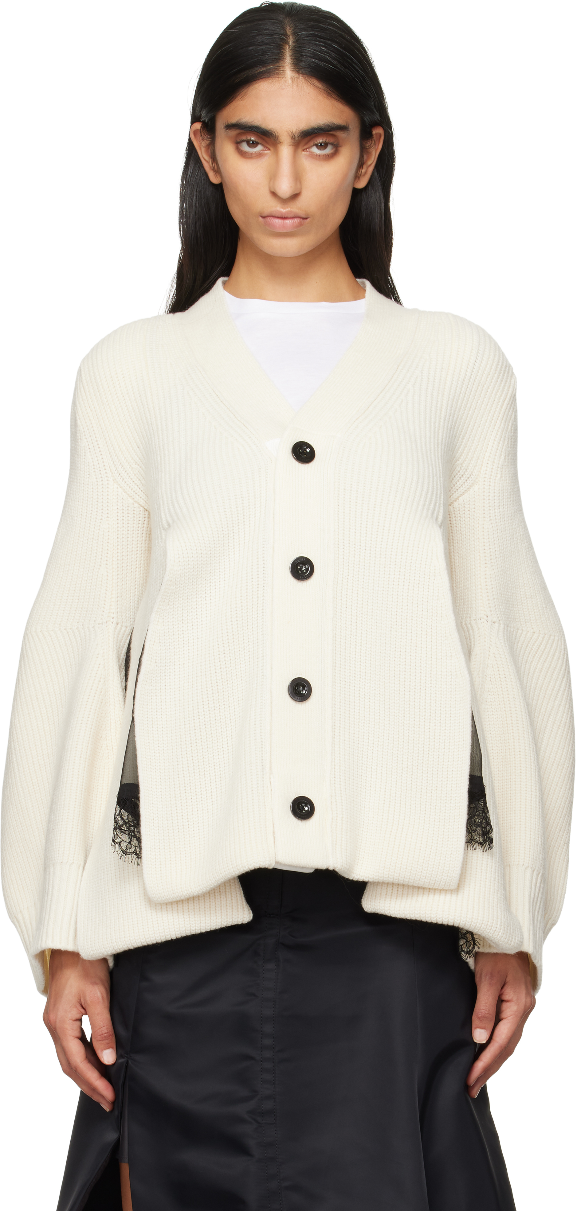 Sacai Mixed Media Wool Cardigan In 151 Off White