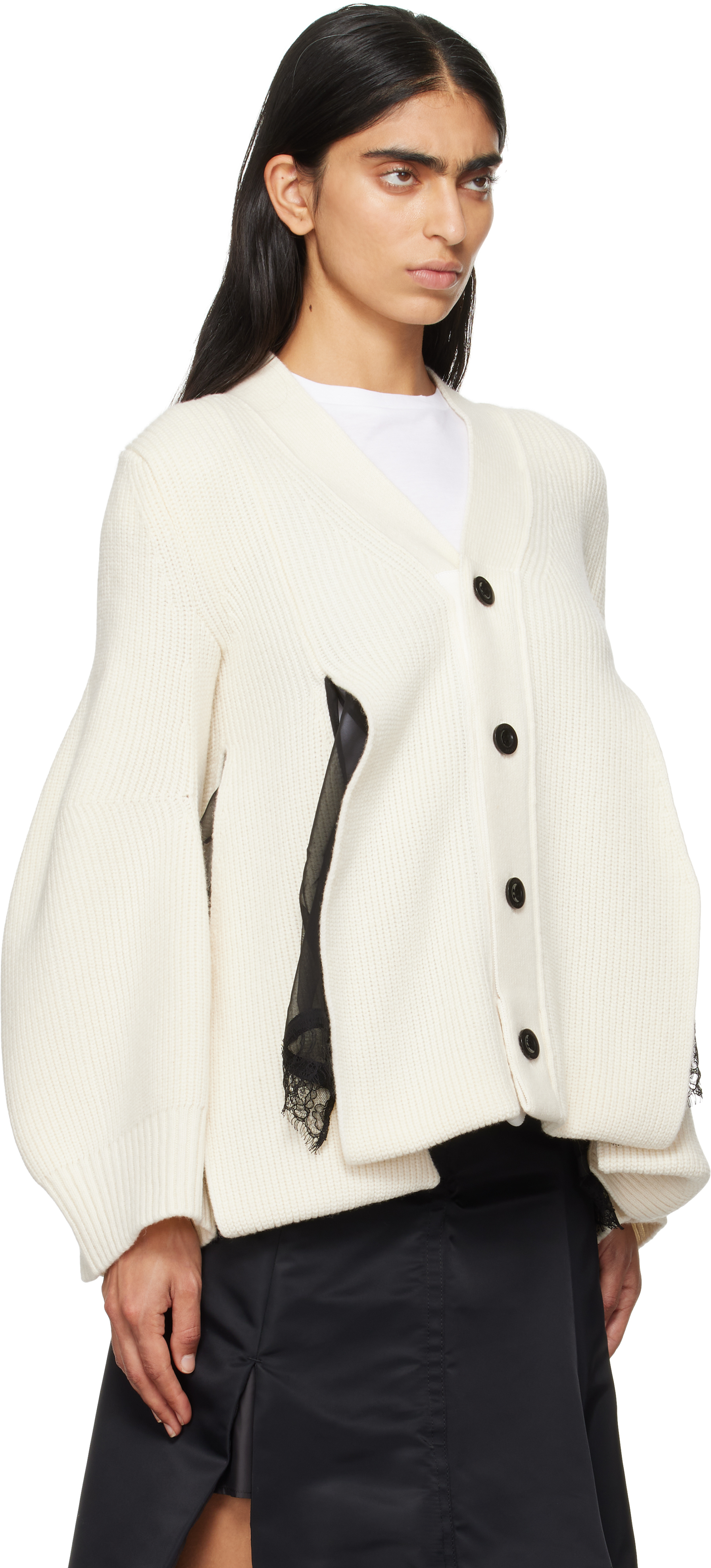 Sacai Mixed Media Wool Cardigan In 151 Off White