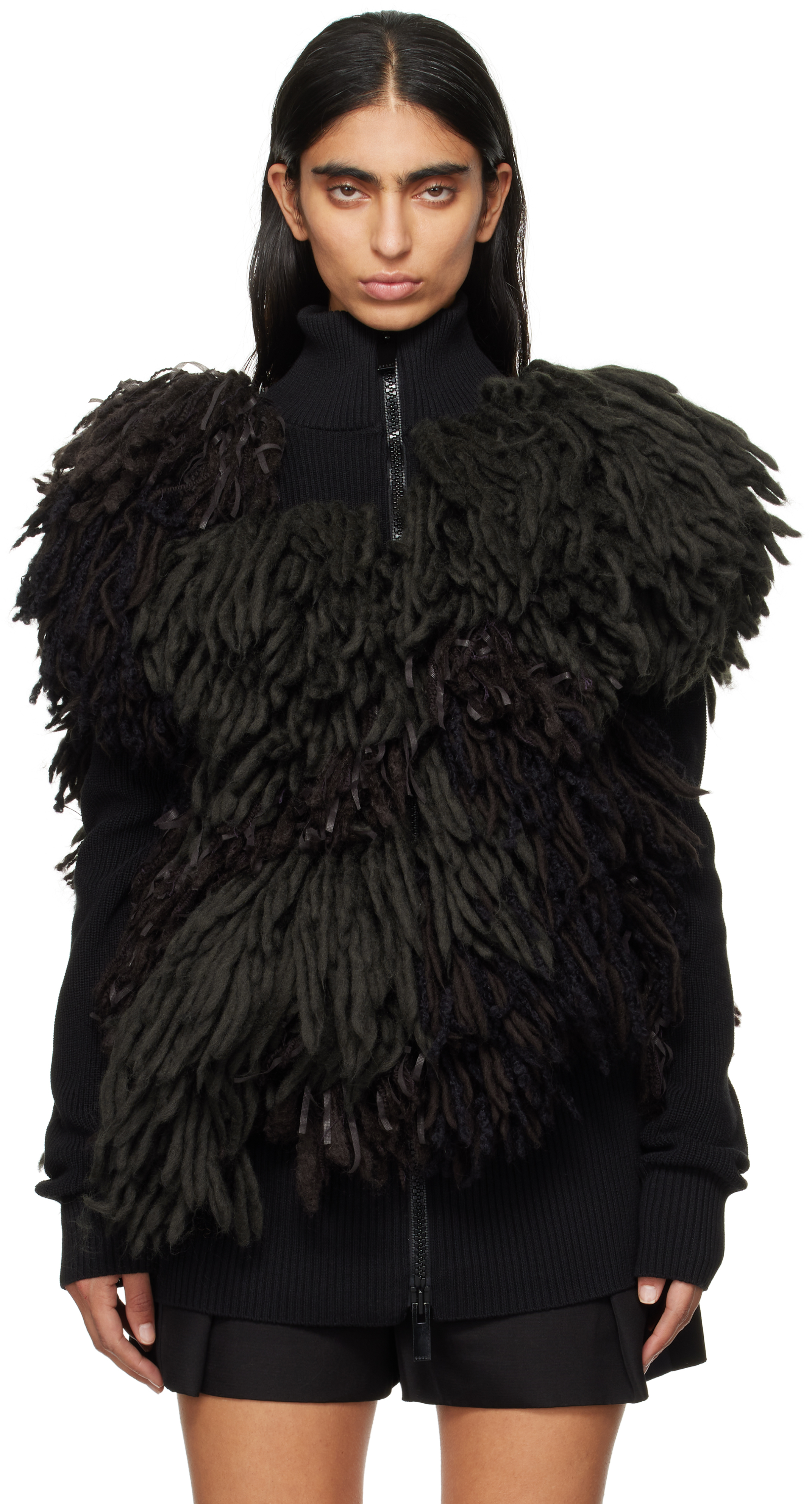 SACAI BLACK & KHAKI FRINGE KNIT SWEATER 