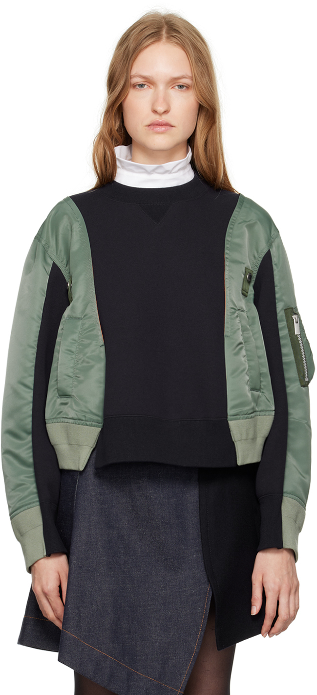 Shop Sacai Navy & Green Bomber Sweatshirt In 263 Navy Bkhaki