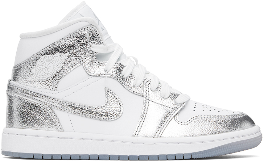 Nike White & Silver Air Jordan 1 Mid Se Sneakers In White/metallic Silve