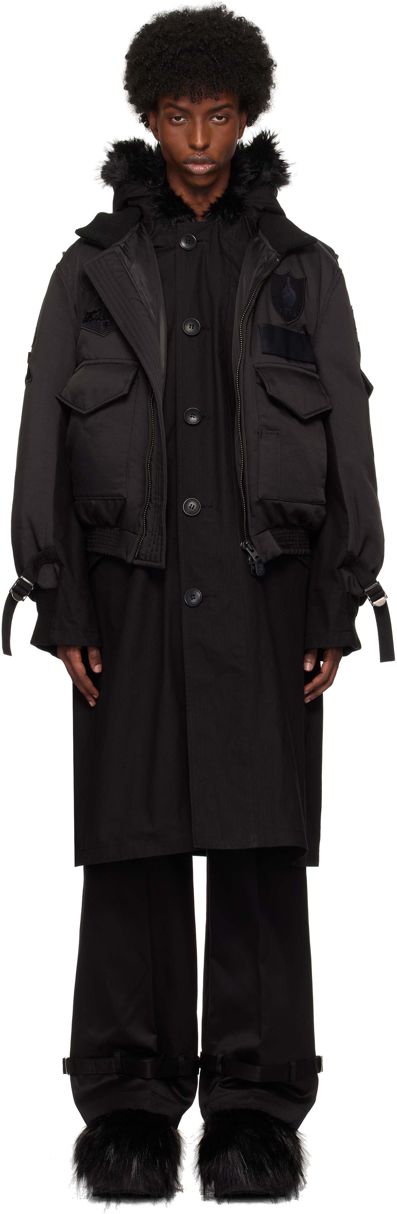 Sacai Black Spiewak & Gonz Edition Multi Patch Down Coat In 001 Black