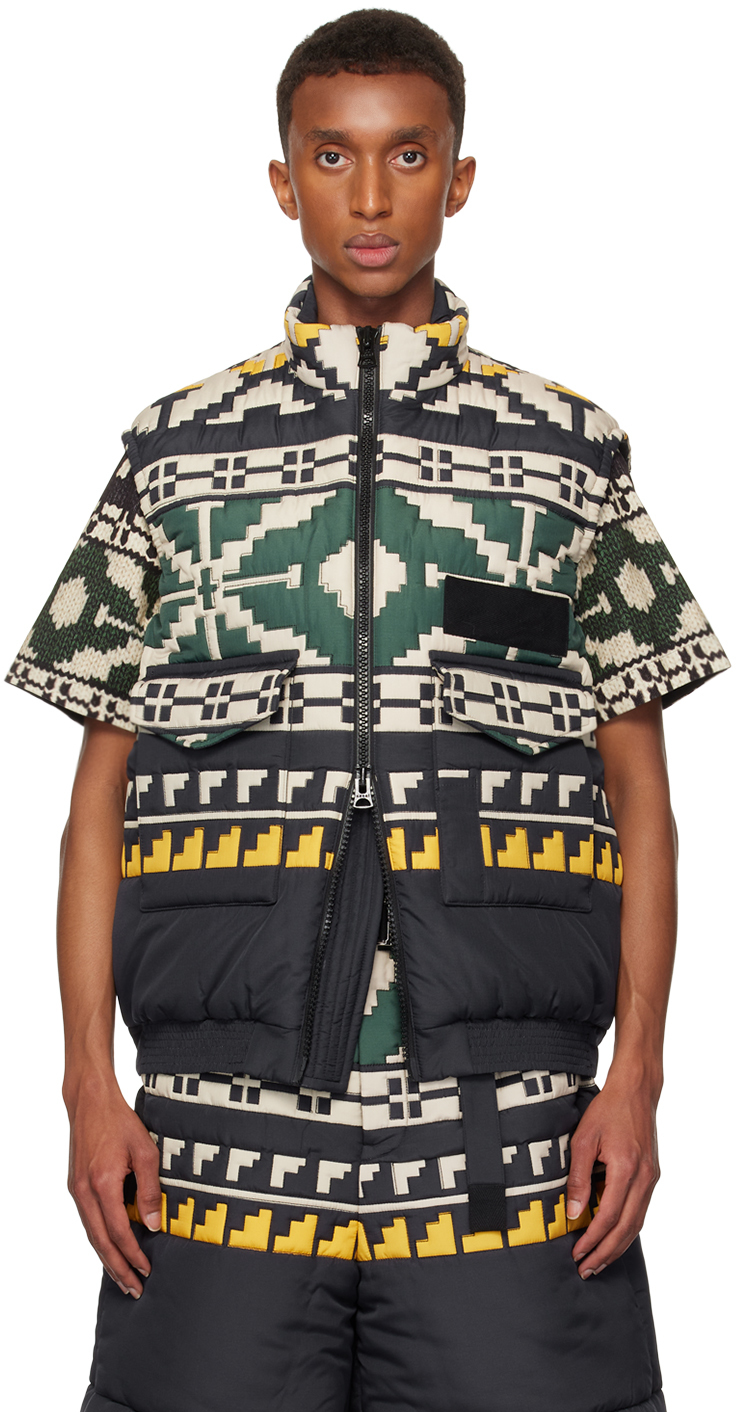 Shop Sacai Black & Green Knit Pattern Quilted Vest In 013 Blackxgreen