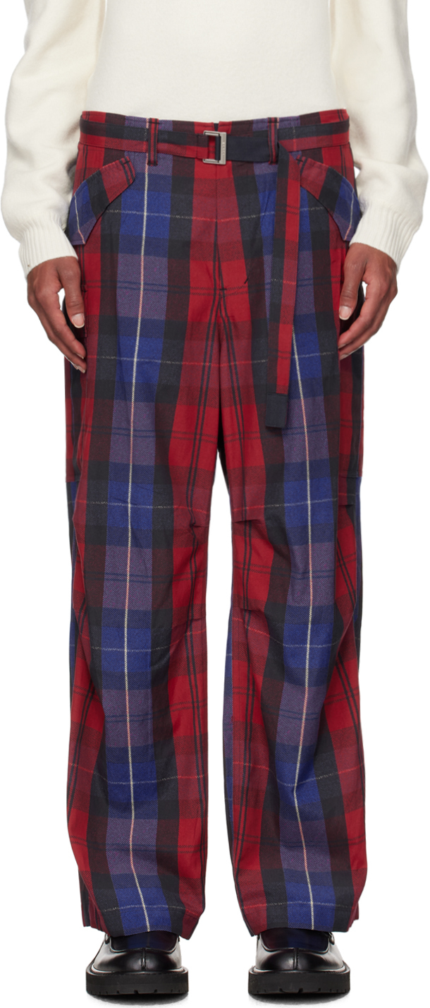 SSENSE Exclusive Red Plaid Cargo Pants by sacai on Sale