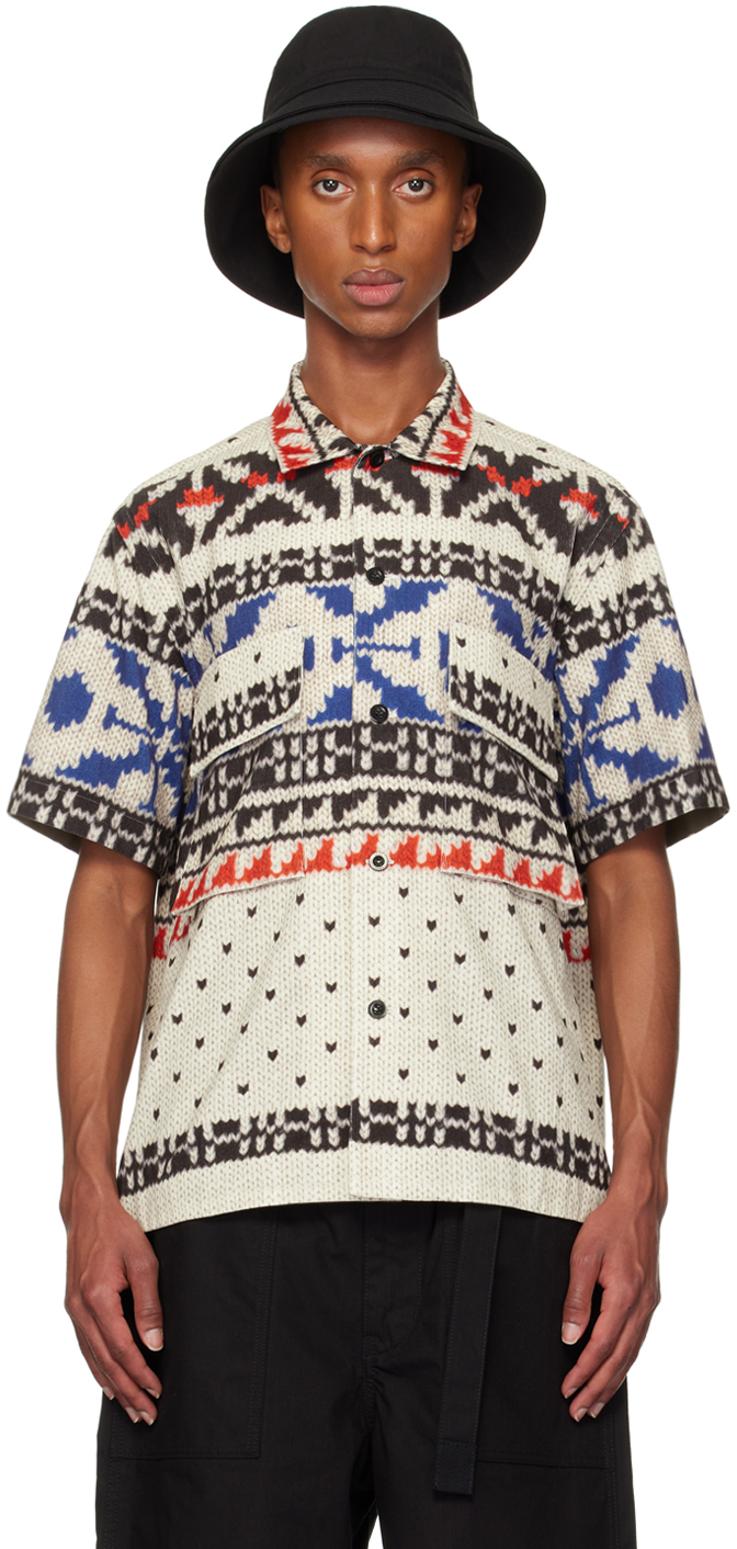 Shop Sacai Off-white & Blue Knit Print Shirt In 160 Off Whitexblue