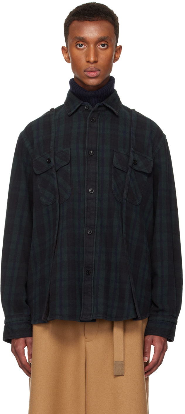 Sacai Black & Green Plaid Shirt In 001 Black