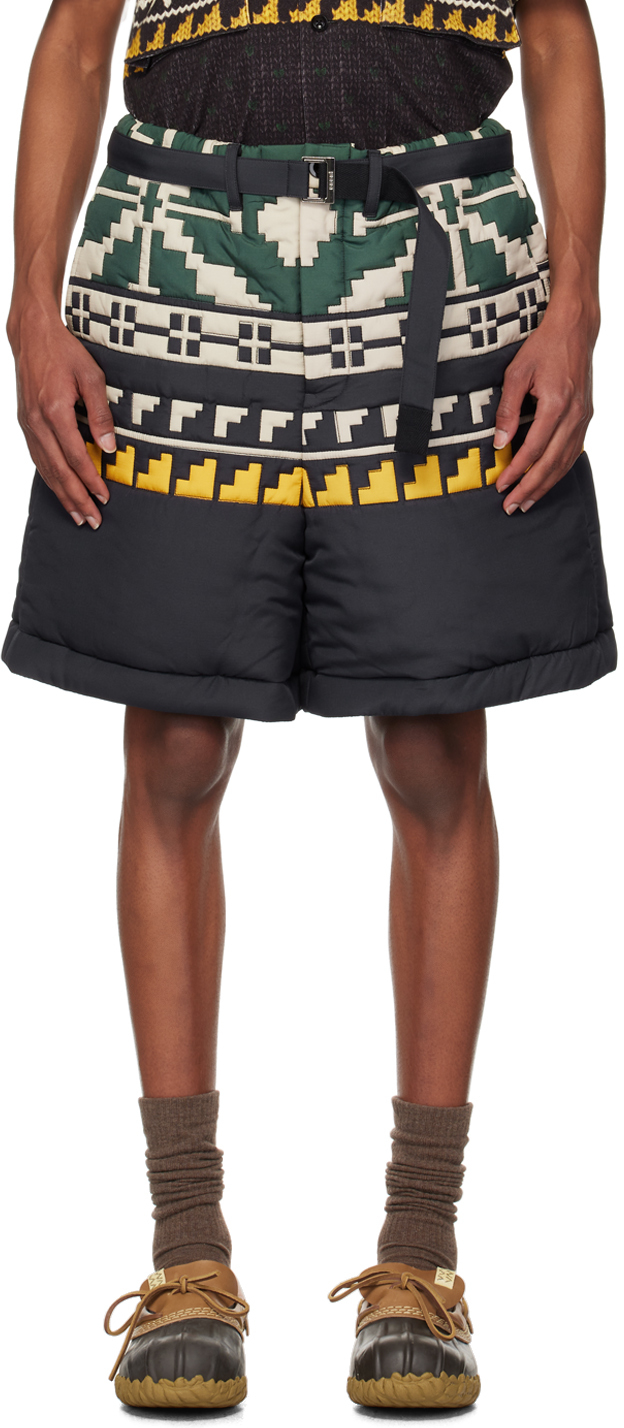 SACAI BLACK & GREEN KNIT PATTERN QUILTED SHORTS 