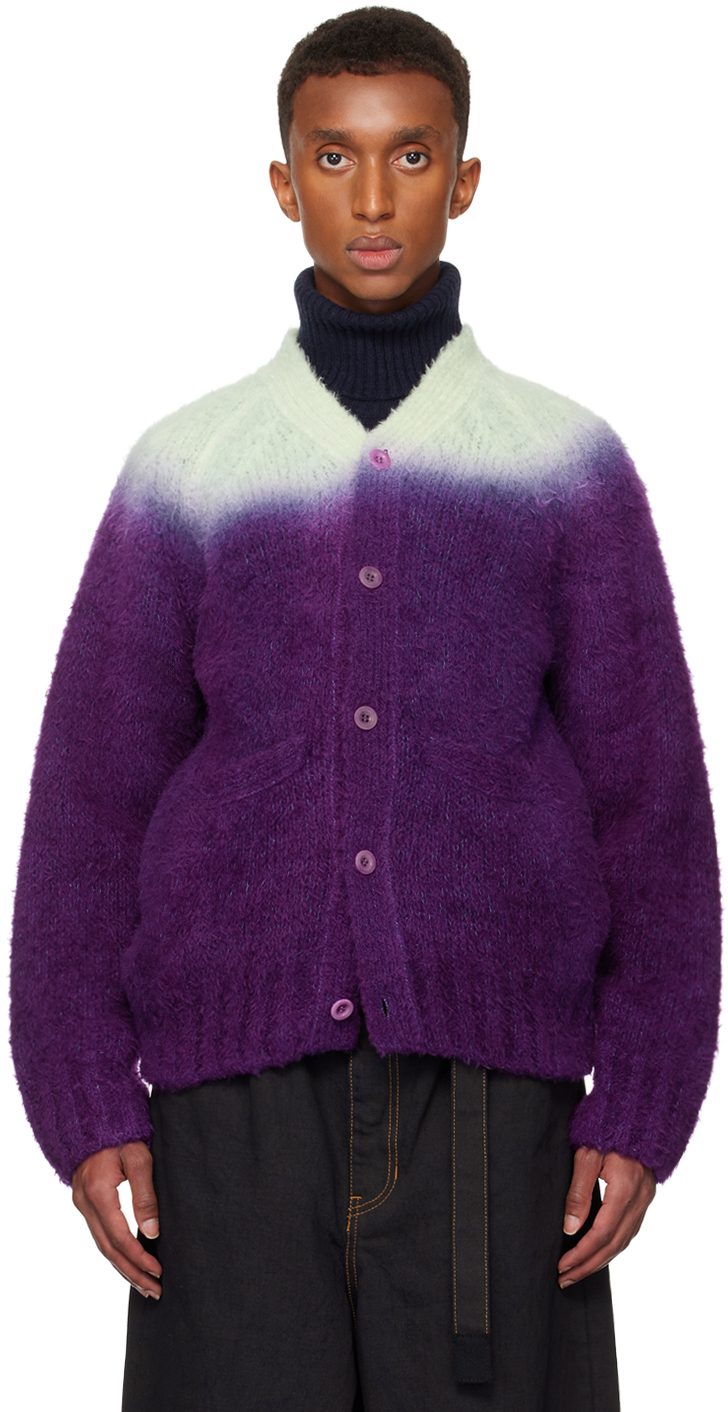 Green & Purple Gradation Dye Knit Cardigan