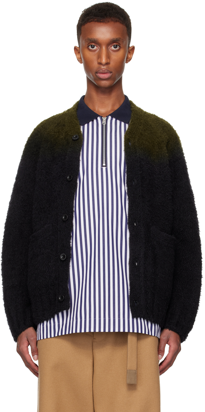 Shop Sacai Green & Black Gradation Dye Knit Cardigan In 502 Khakixblack