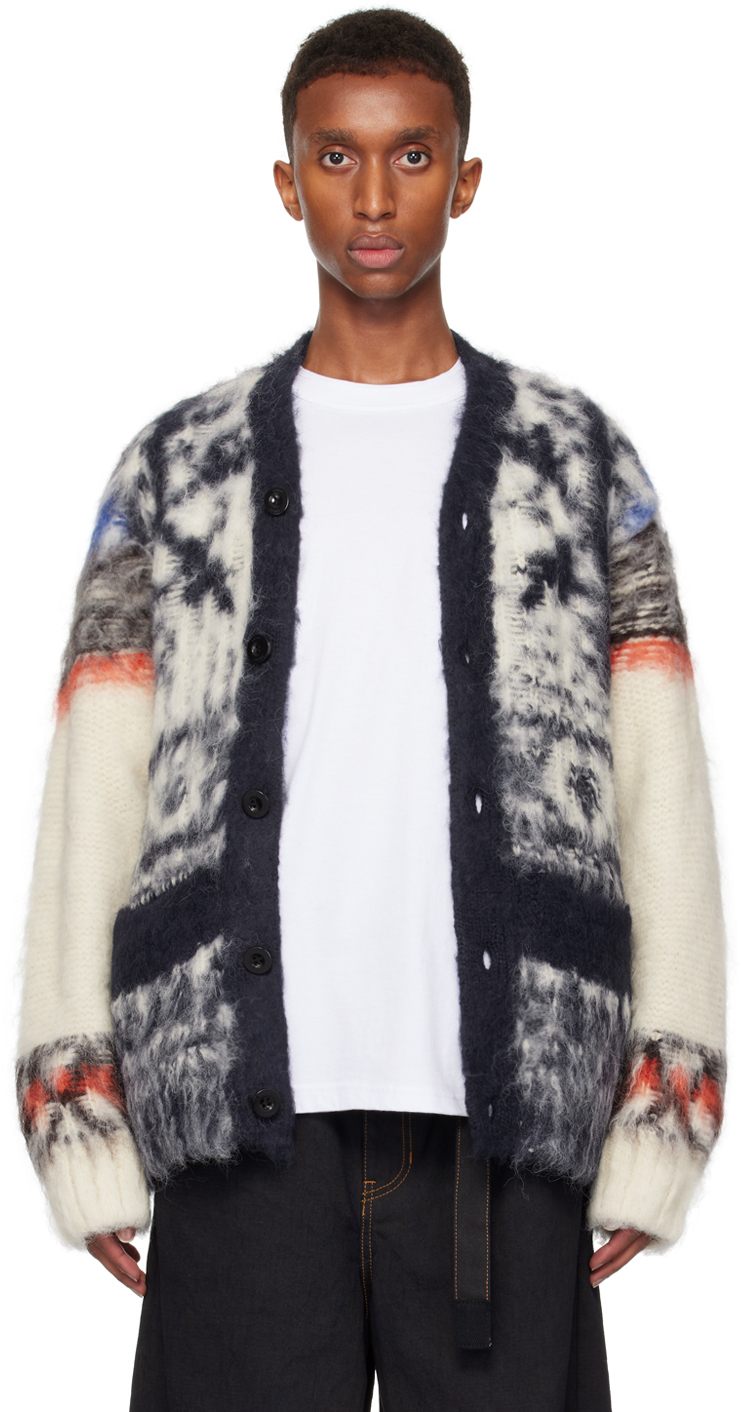 Shop Sacai Off-white Pattern Knit Cardigan In 151 Off White