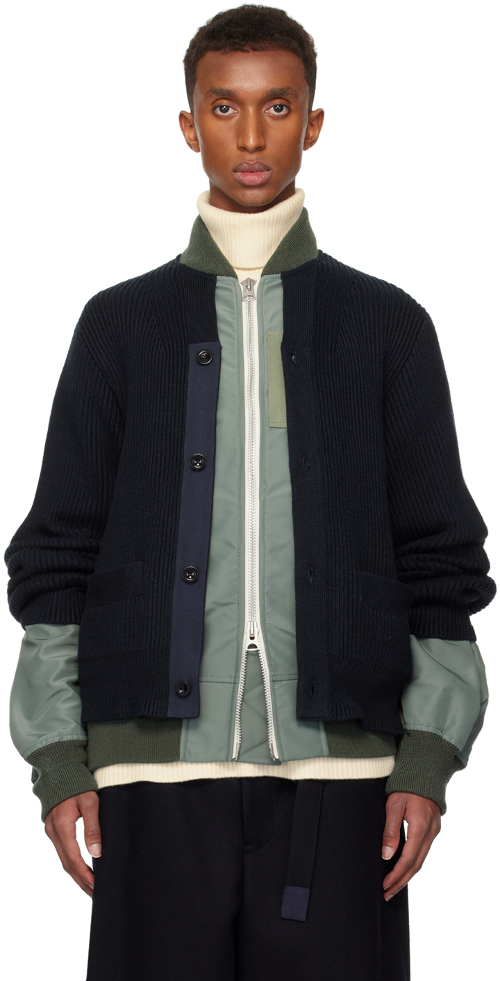 Sacai Navy & Khaki Nylon Knit Cardigan In 263 Navyxb/khaki