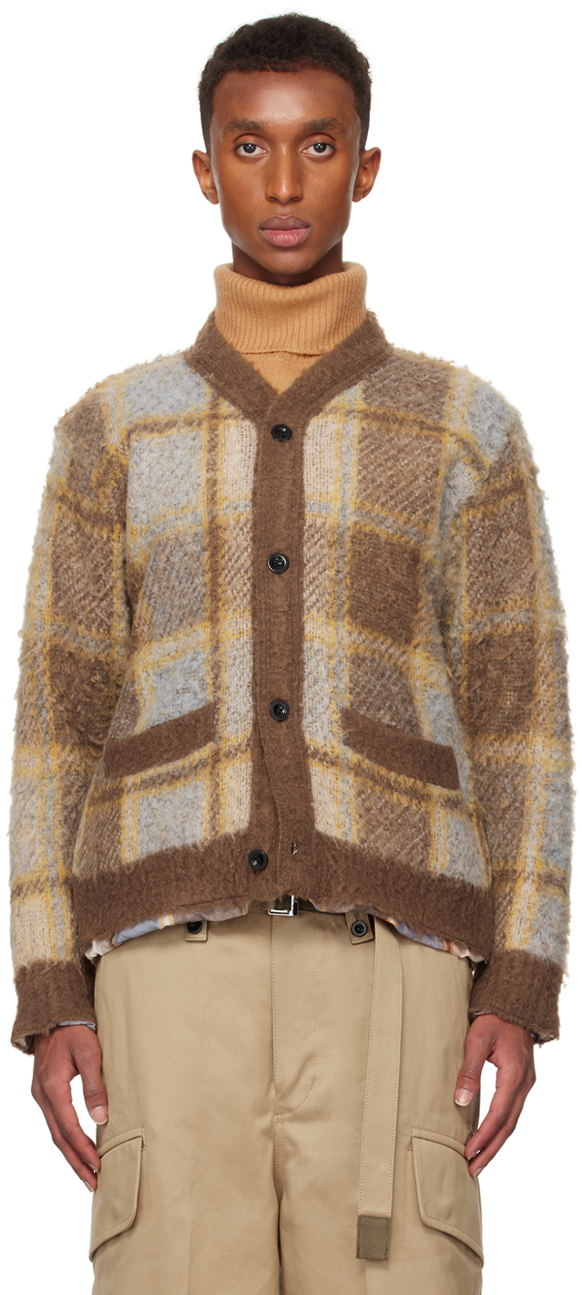 Sacai Brown Plaid Knit Cardigan In 601 Brown