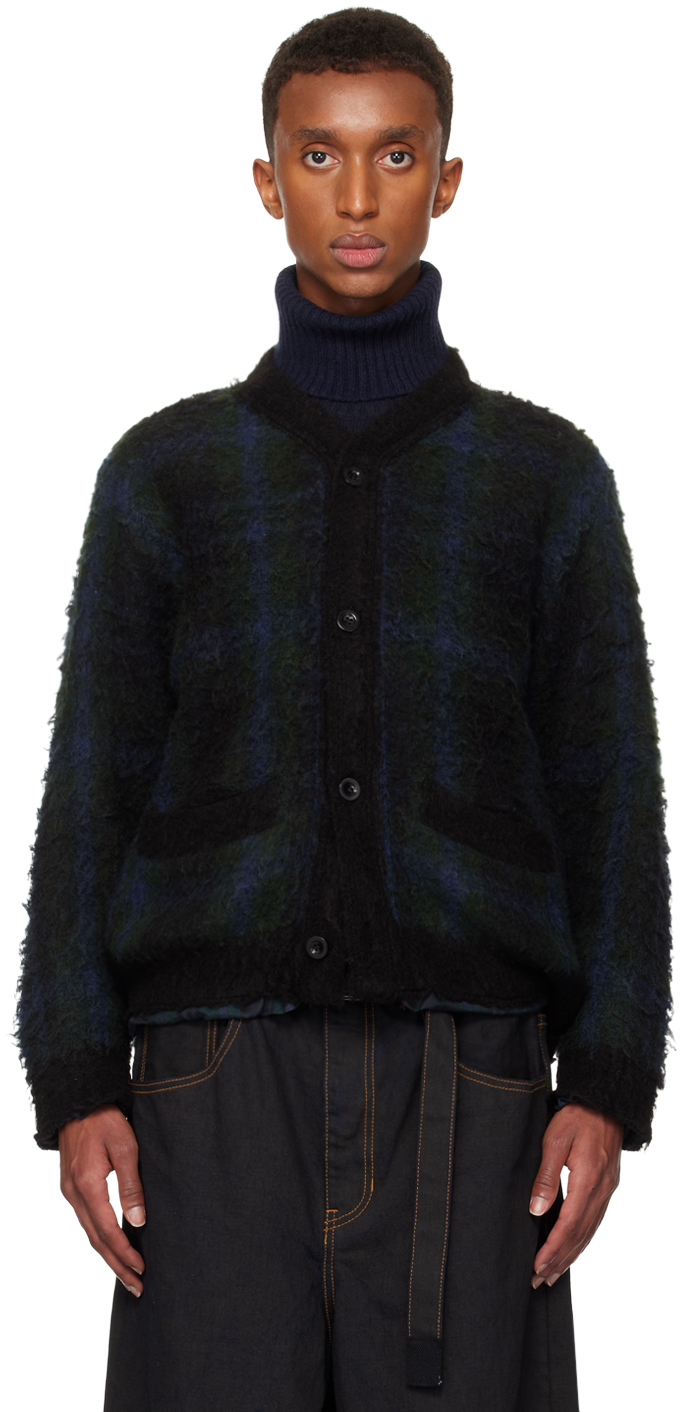 sacai: Black & Green Plaid Knit Cardigan | SSENSE