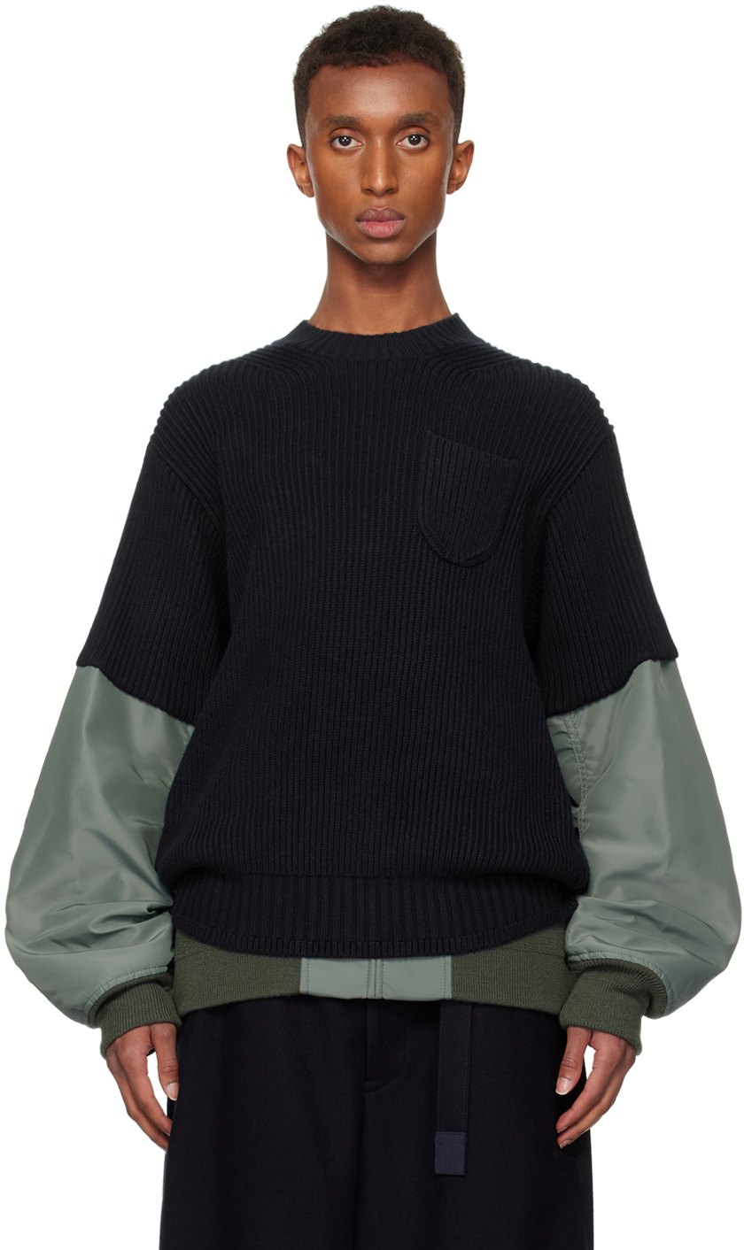 Sacai Navy & Khaki Nylon Twill Knit Sweater In 263 Navyxb/khaki