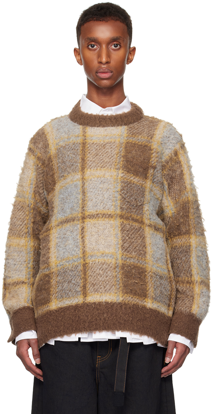 Shop Sacai Brown Plaid Knit Sweater In 601 Brown