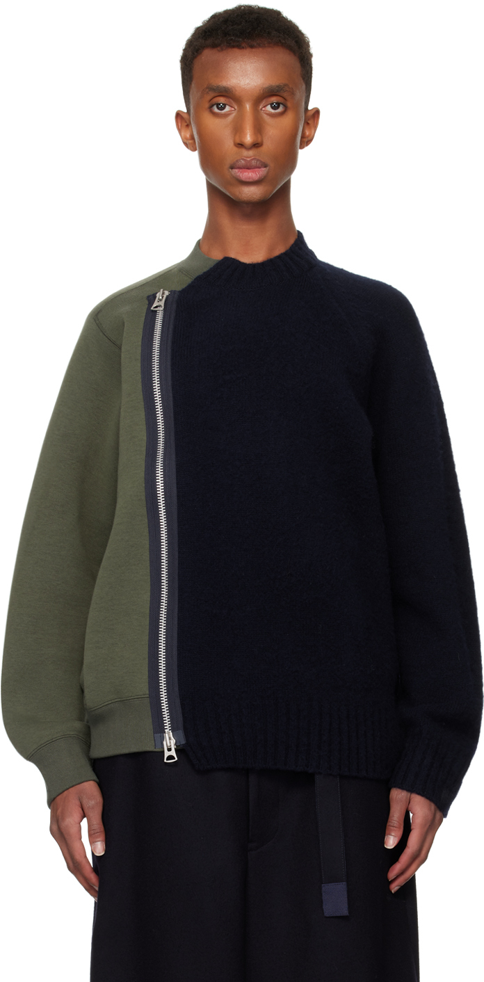 Sacai Navy & Khaki Zip Sweater In 263 Navyxb/khaki