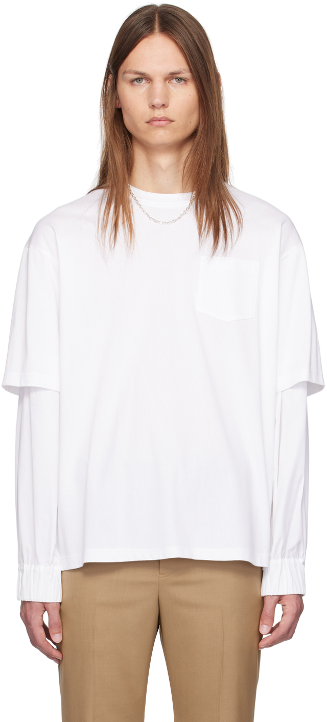 【関税込み】sacai ホワイト レイヤード 長袖Tシャツ sacaiのホワイト レイヤード 長袖Tシャツがセール中