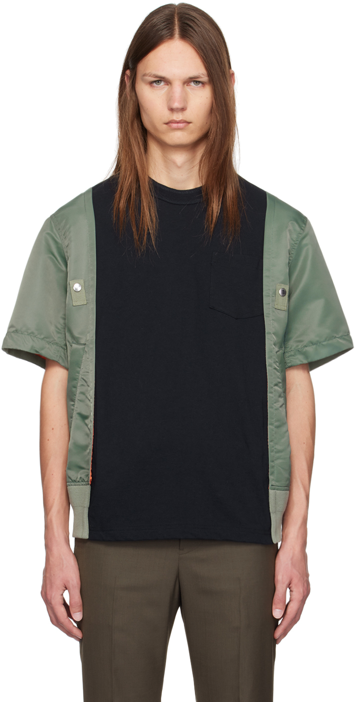 Shop Sacai Navy & Khaki Paneled T-shirt In 263 Navyxb/khaki