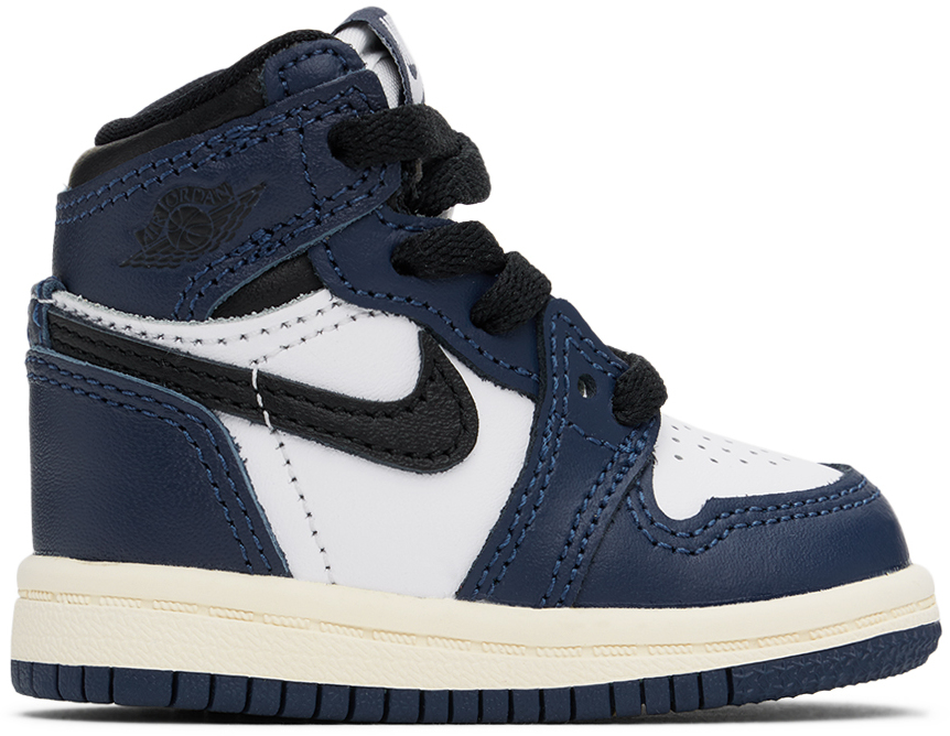 Shop Nike Baby White & Navy Jordan 1 Retro High Og Sneakers In Midnight Navy/black-