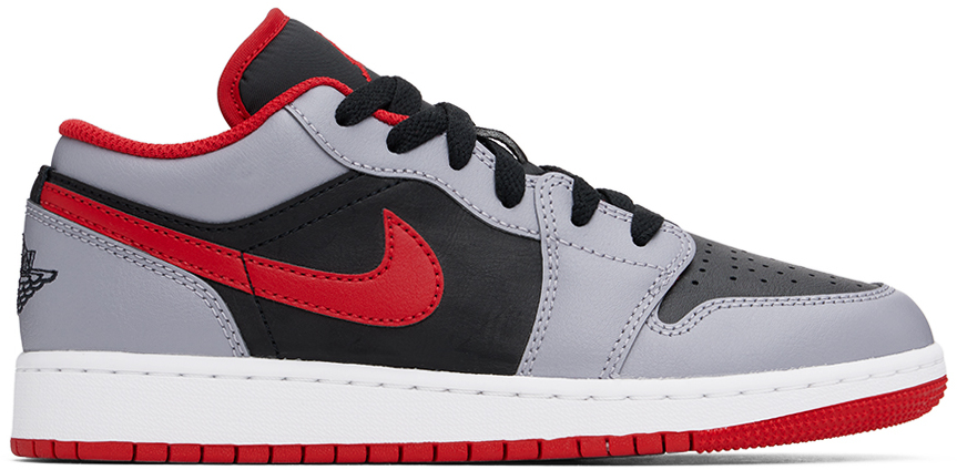 Nike Big Kids Grey & Black Air Jordan 1 Low Trainers In Black/fire Red-cemen