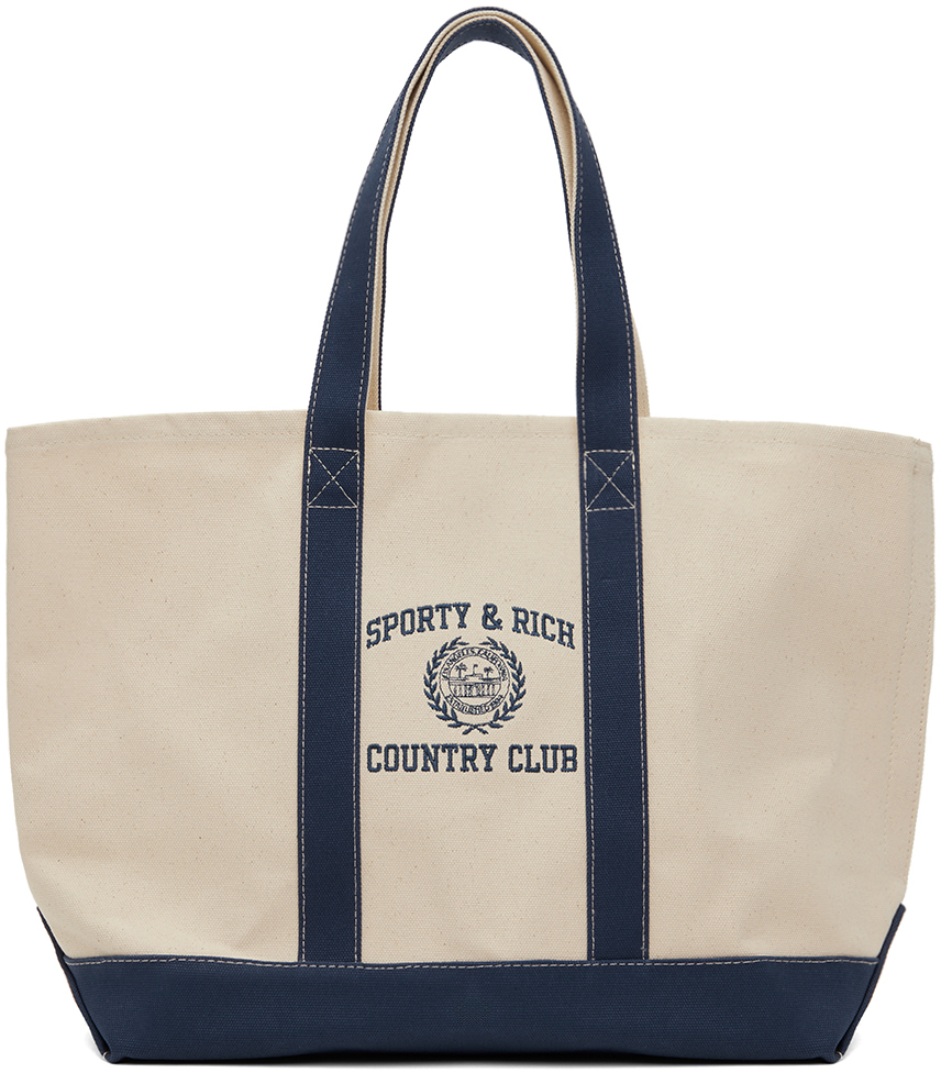 Off-White & Navy Varsity Crest Embroidered Two Tone Tote
