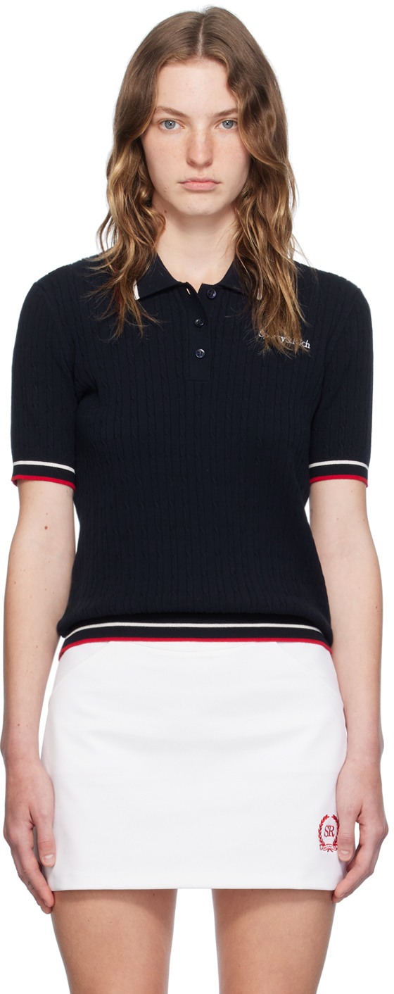 Navy Embroidered Serif Logo Polo