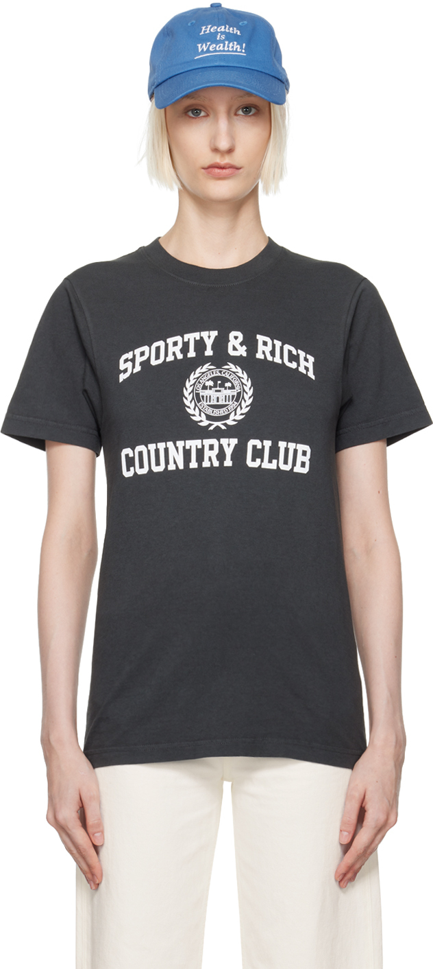 Shop Sporty And Rich Black Varsity Crest T-shirt In Faded Black