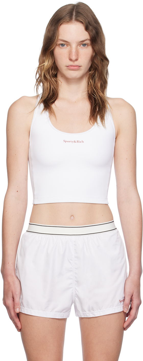 Shop Sporty And Rich White Printed Serif Logo Tank Top