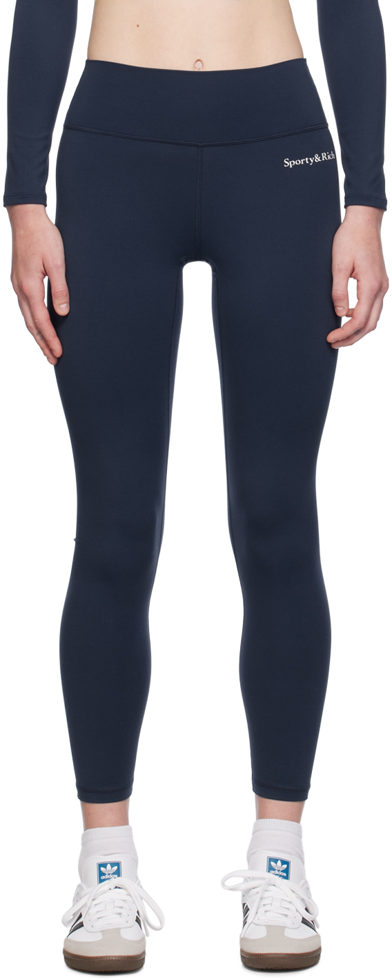 Shop Sporty And Rich Navy Printed Serif Logo Leggings