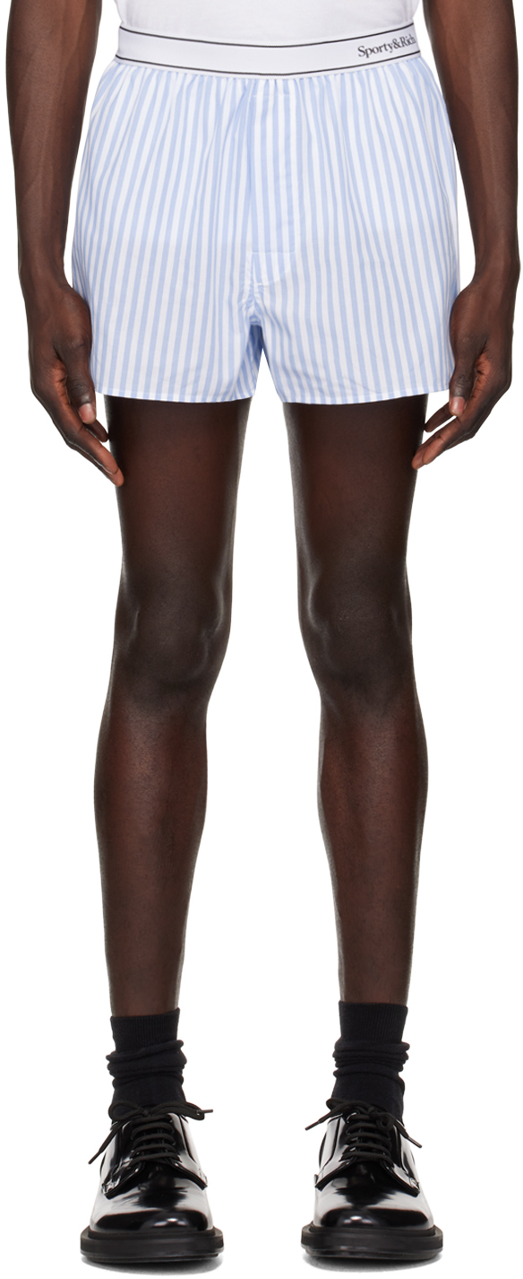 Shop Sporty And Rich Blue Serif Logo Boxer Shorts In White/sky Blue