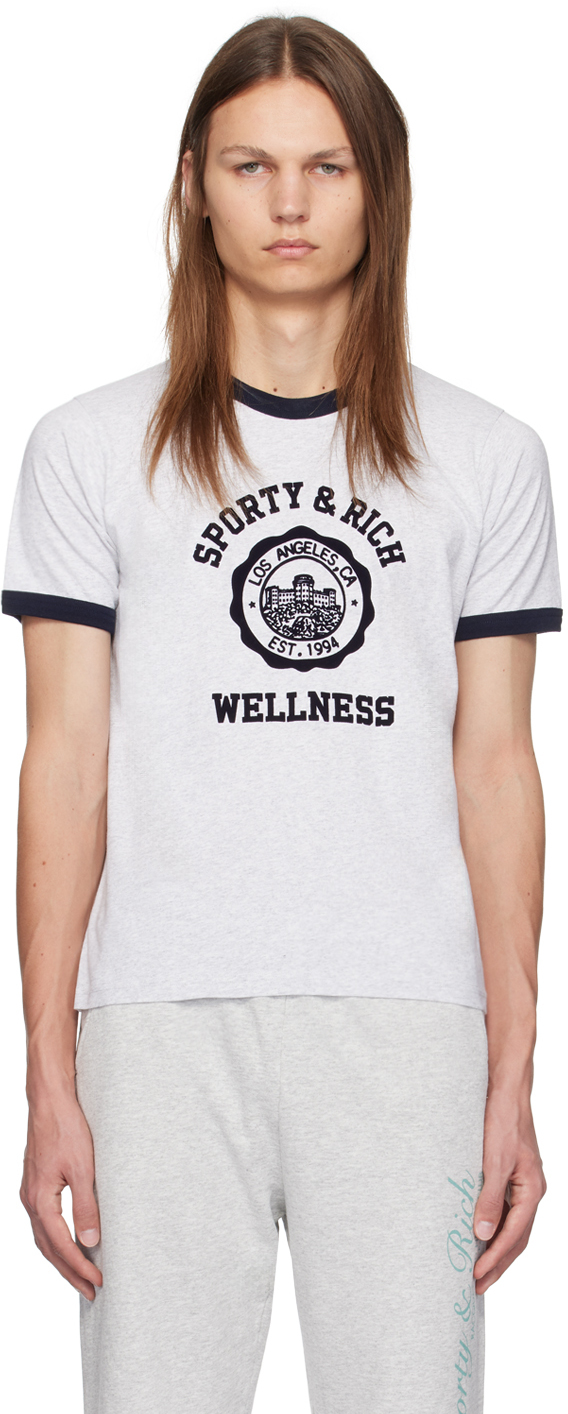 Shop Sporty And Rich Gray Emblem Ringer T-shirt In Heather Gray