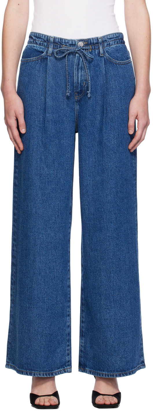 Shop Frame Blue Drawstring Wide Leg Jeans In Ghost Dark Blue