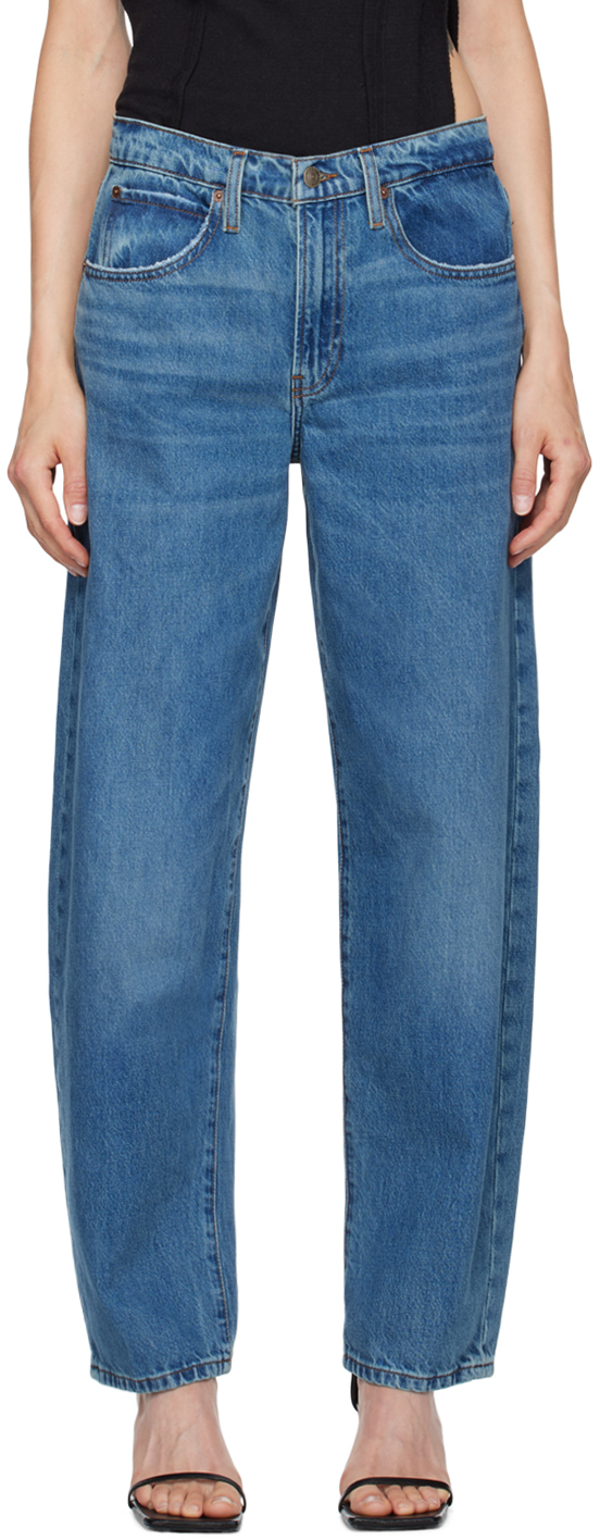 Shop Frame Blue Low Slung Barrel Jeans In Caramia