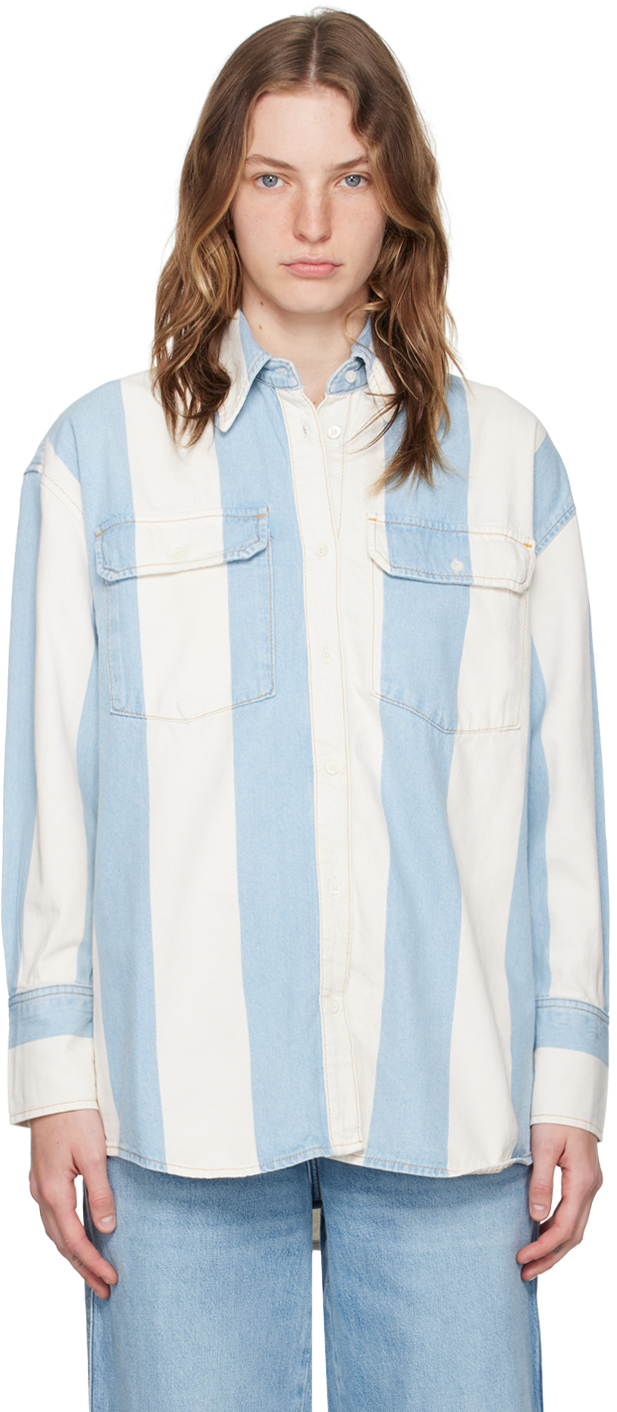 Shop Frame White & Blue 'the Borrowed Shirt' Denim Shirt In Blue White Stripe