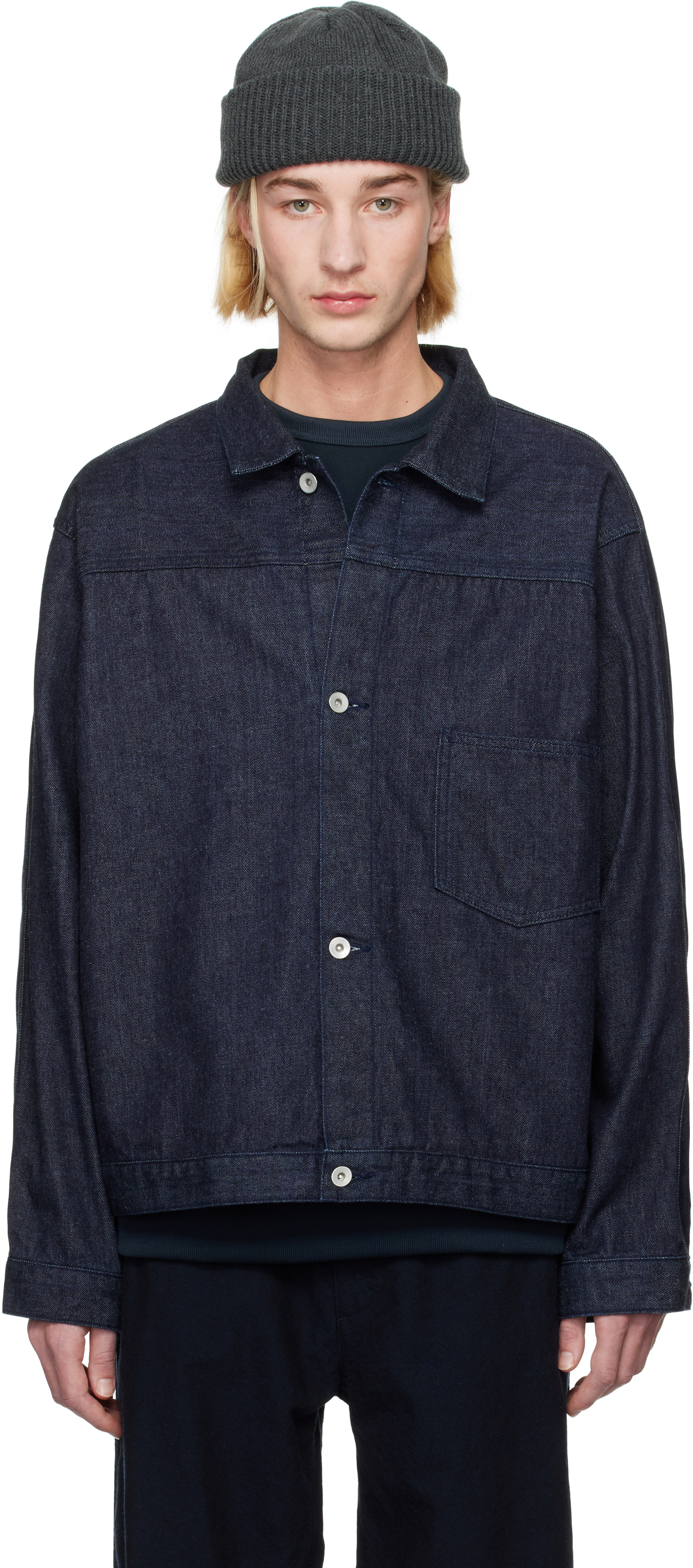 nanamica: Indigo Short Denim Jacket | SSENSE nanamica: Indigo Short Denim Jacket | SSENSE