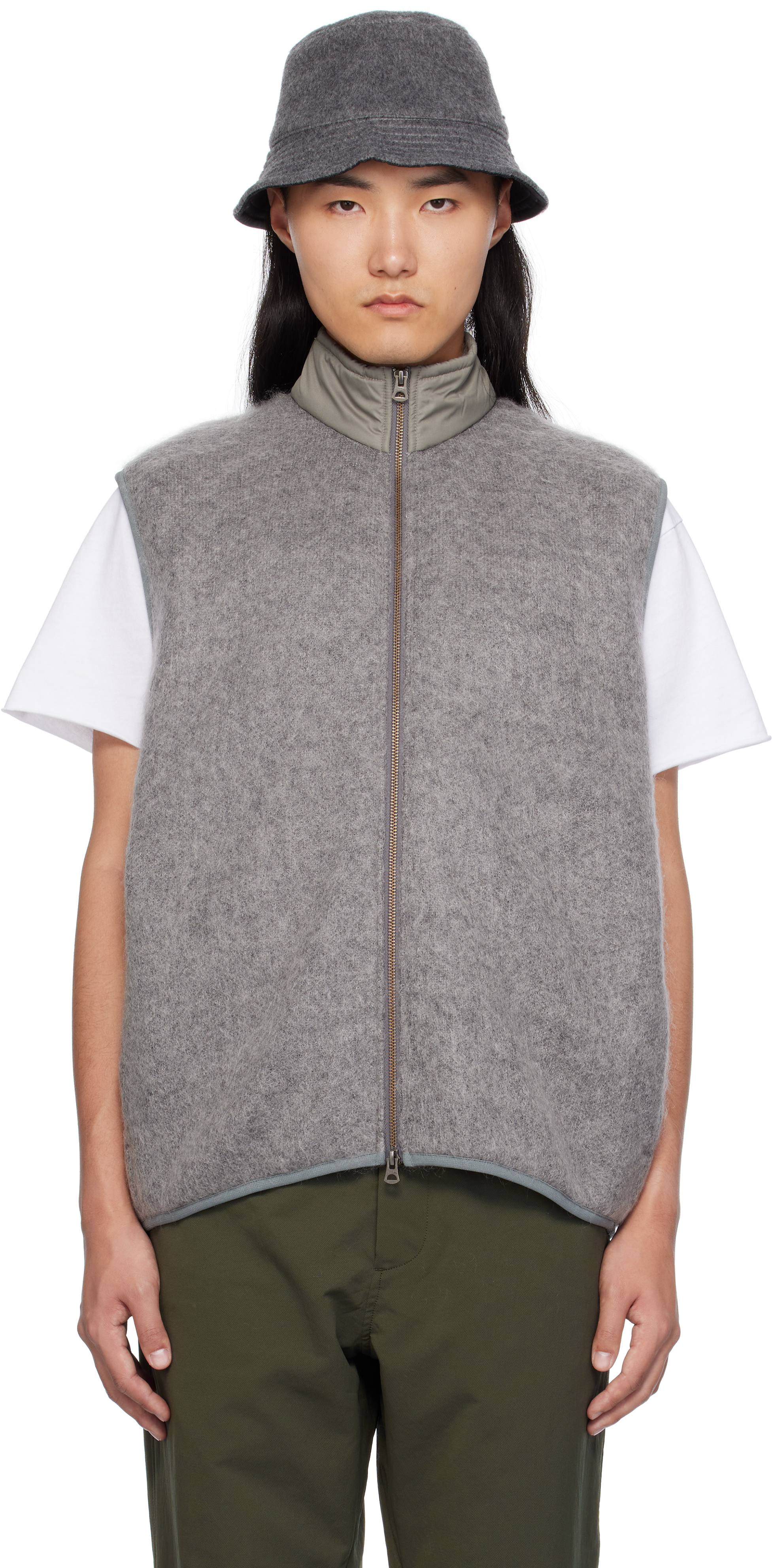 Nanamica Gray Zip-up Mohair Vest In Hg Heather Gray