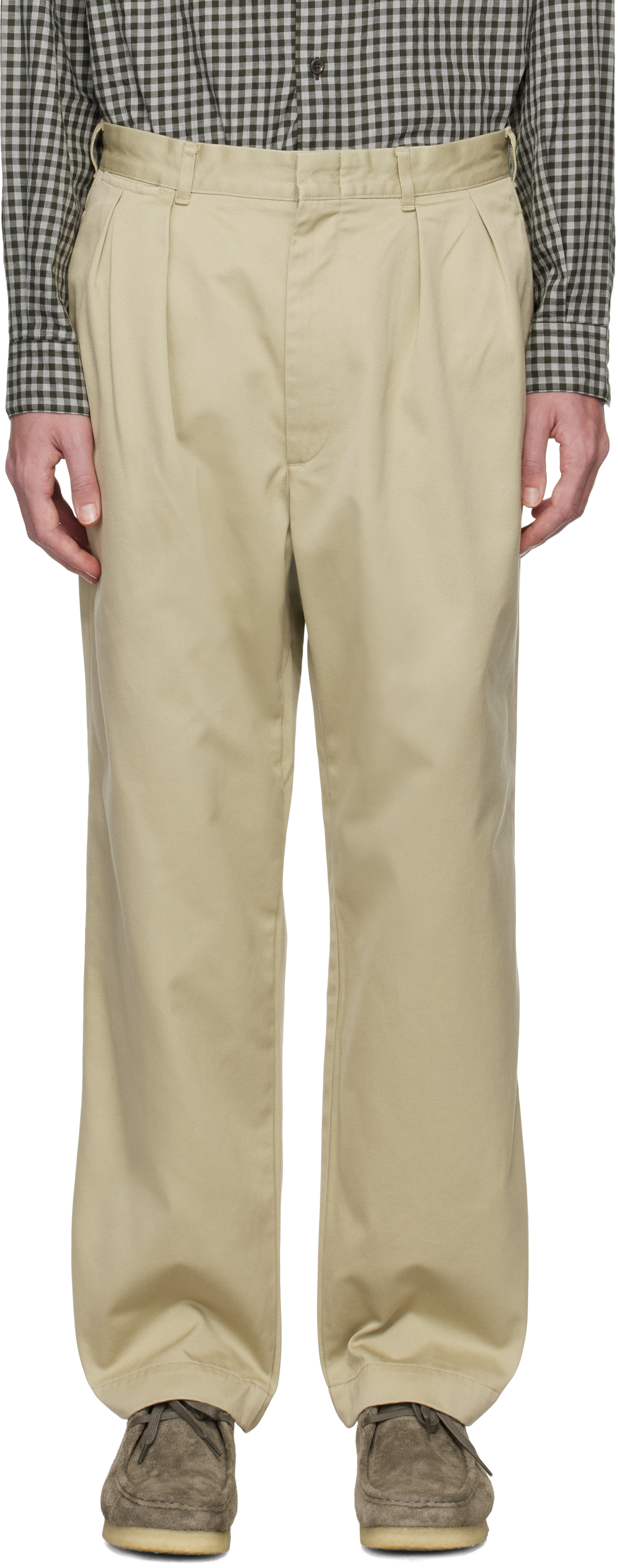 NANAMICA BEIGE DOUBLE PLEAT CHINO TROUSERS 