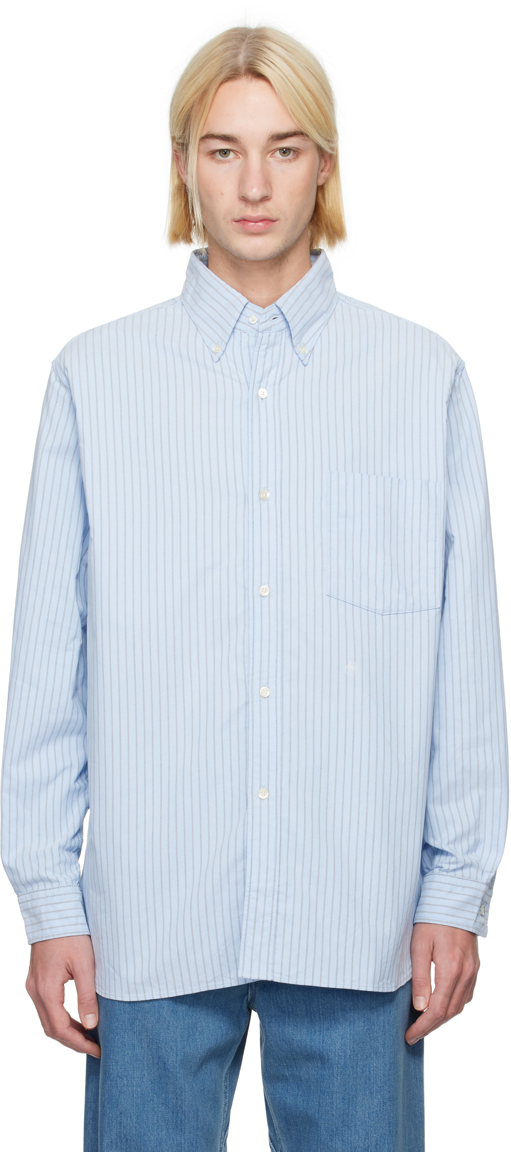 Blue Button Down Stripe Wind Shirt