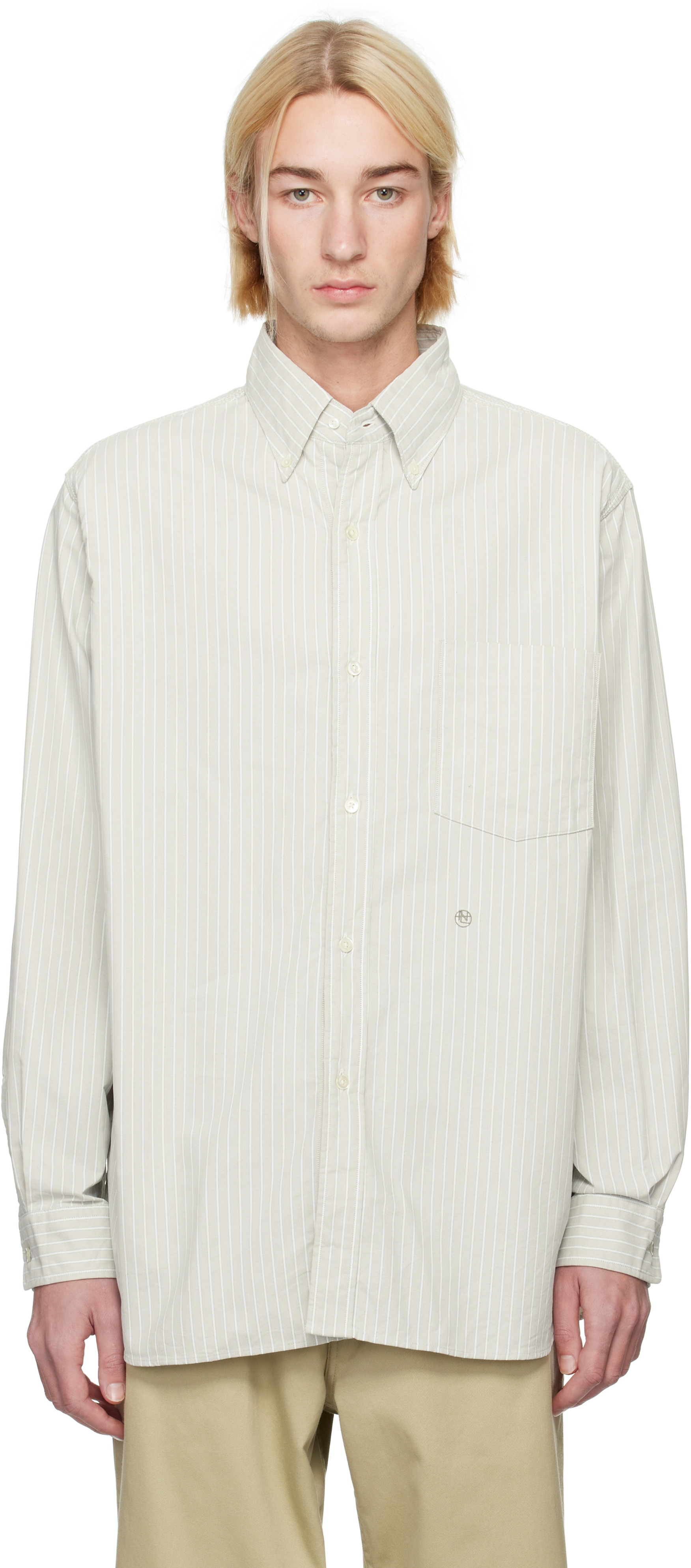 Beige Button Down Stripe Wind Shirt