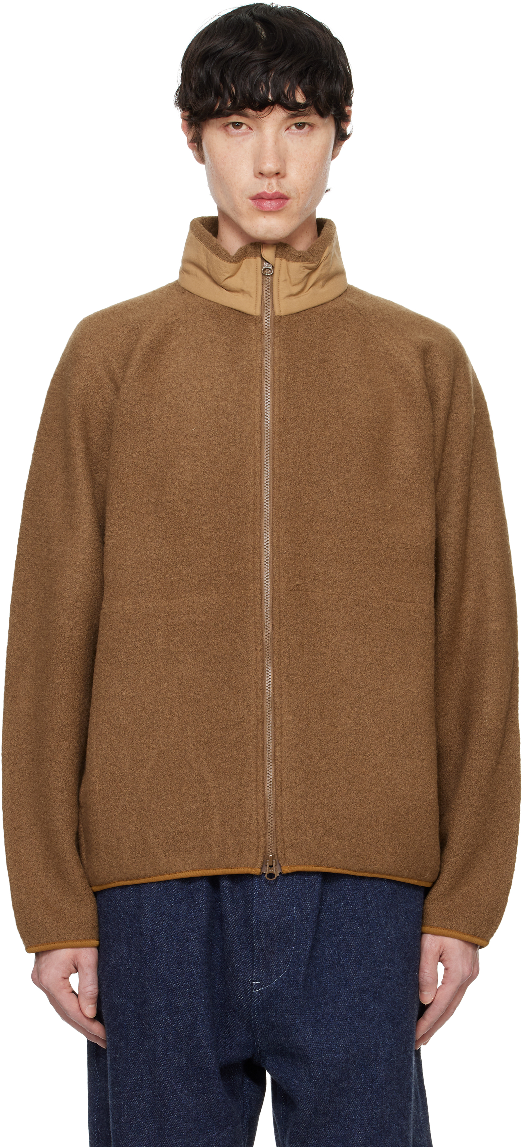 Brown Boiled Wool Zip Up Sweater