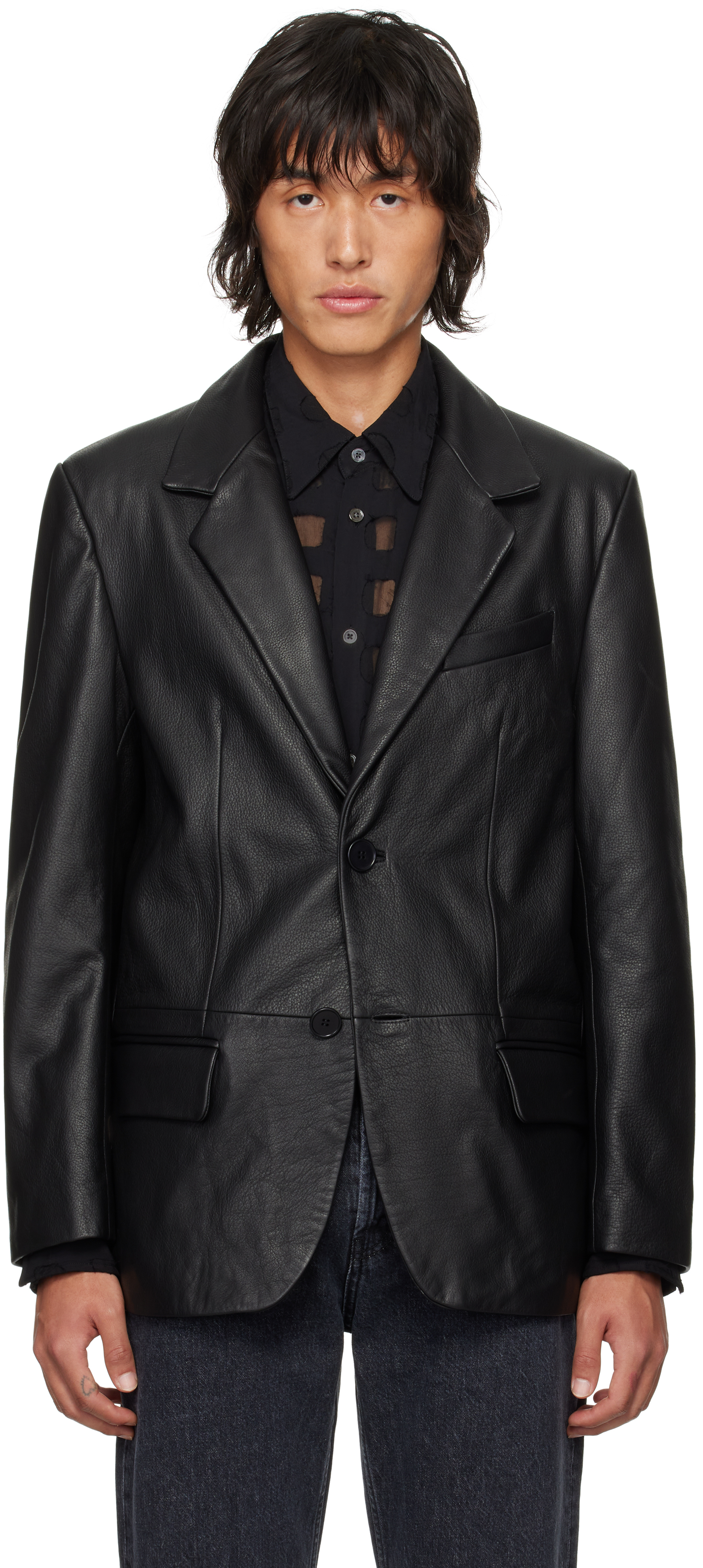 Black Notched Lapel Leather Blazer