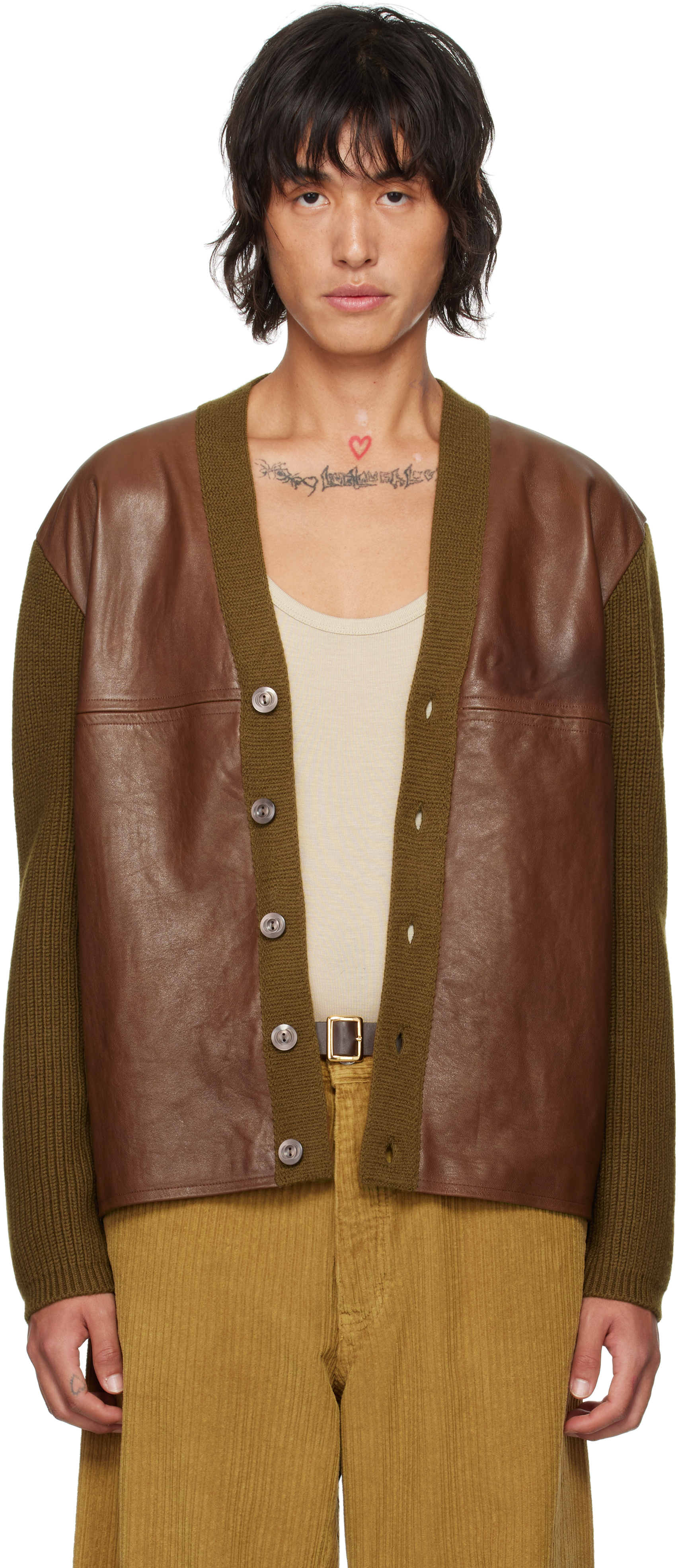 Shop Sunflower Brown Scene Leather Cardigan In 170 Brown