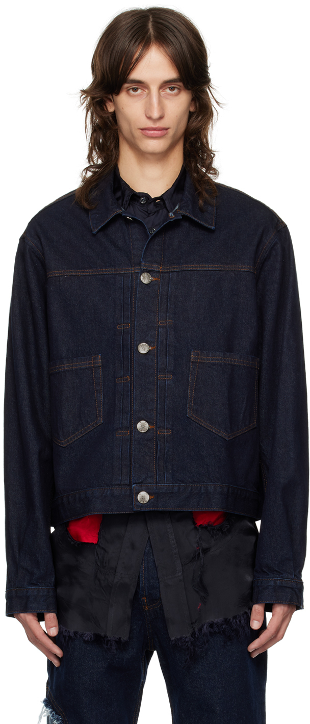 Shop Edward Cuming Navy Knife Pleat Denim Jacket In Indigo Blue Wash