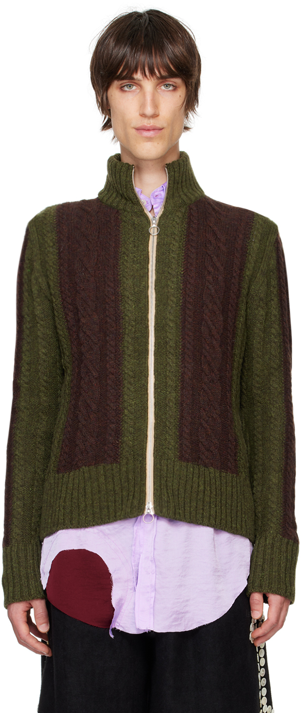 Shop Edward Cuming Khaki & Burgundy Cable Knit Zip Sweater In Khaki/ Burgundy