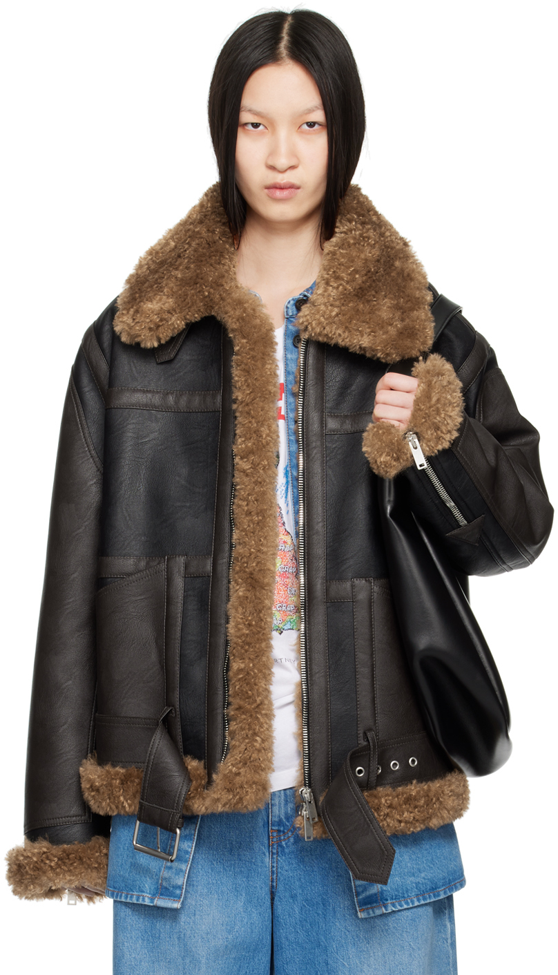 Black & Brown Plush Teddy Faux-Leather Coat