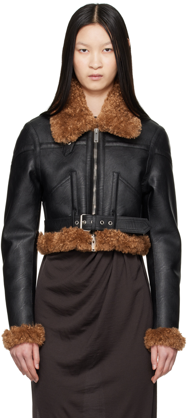 Black Plush Teddy Faux-Leather Biker Jacket