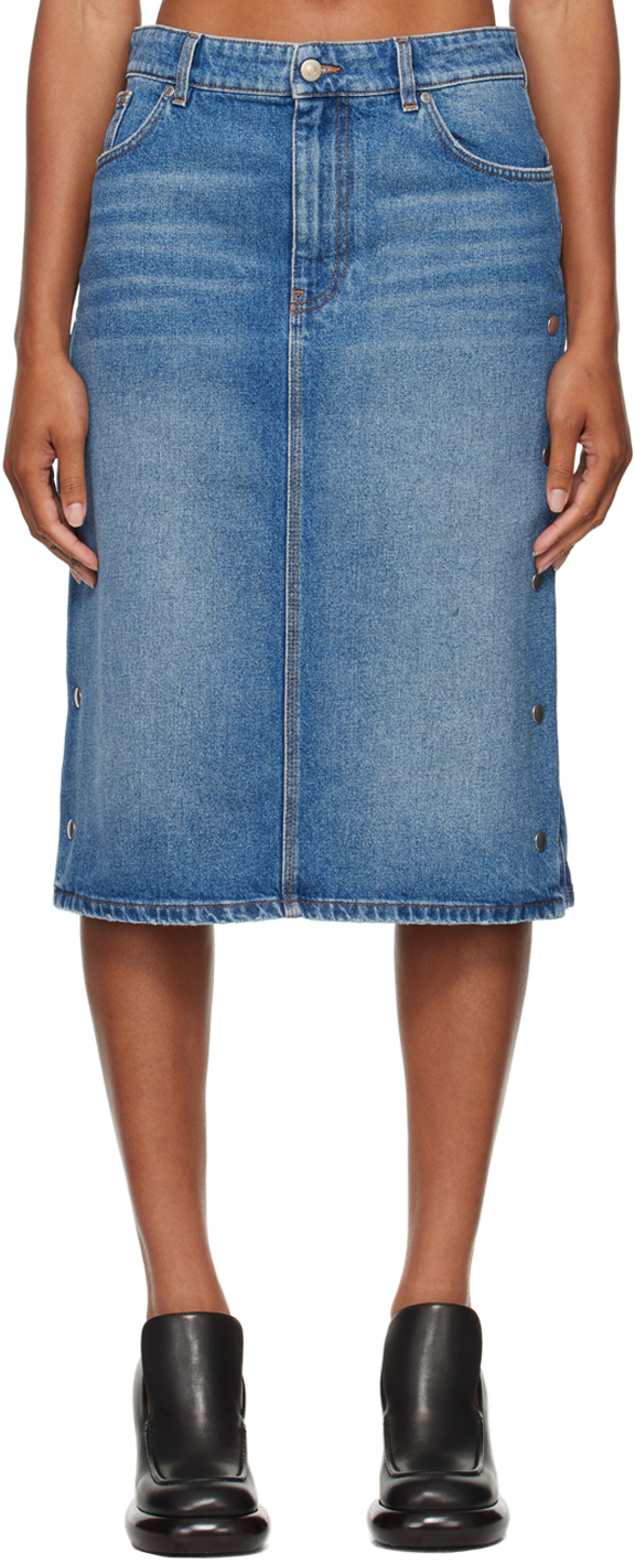 Blue Snap Denim Midi Skirt