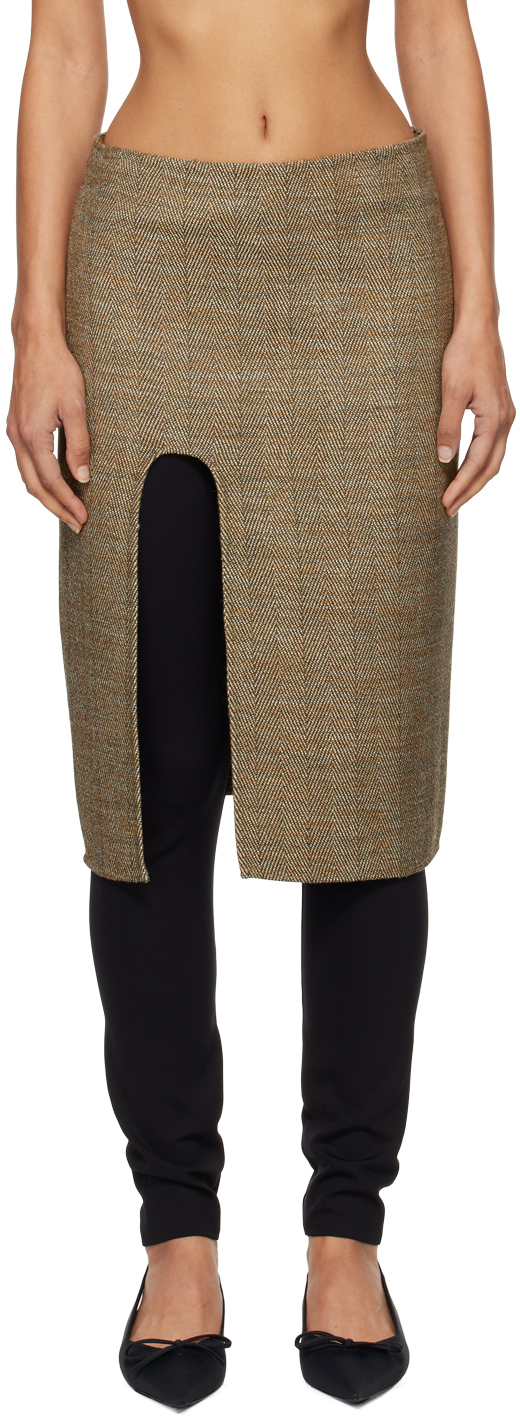 Beige Side-Slit Tweed Midi Skirt