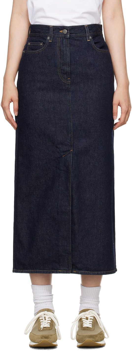 Shop Loulou Studio Indigo Rona Denim Midi Skirt In Raw Wash