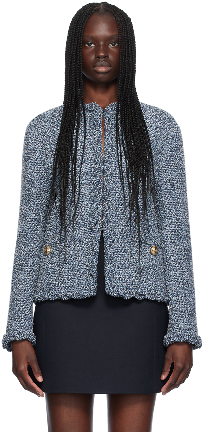 Shop Valentino Blue Textured Tweed Jacket In Z7r Blu Denim/azzurr